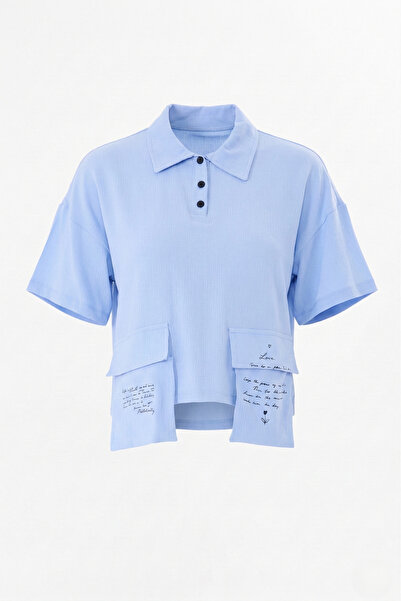 Sortie Women's Polo Collar Drop-Shoulder Summer Printed Cropped Blouse Blue