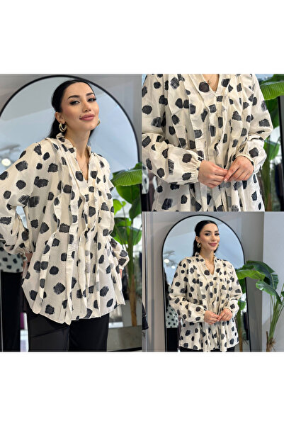 ACTUEL Kadın Siyah Desenli Gömlek Pile Detaylı Uzun Kollu Bluz