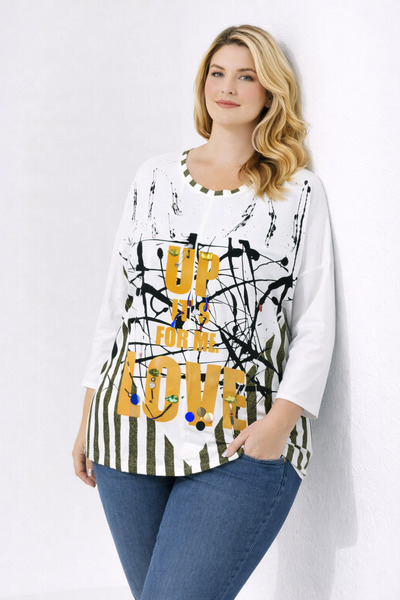 Şans Women's Plus Size White, Beaded, Print Detailed Low Sleeve Tunic 65N39402