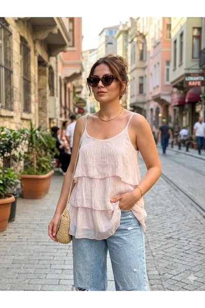 AYASOFYA OTANTIK Women's Italian Powder Layered Strap Dress 100% İ Silk Luz