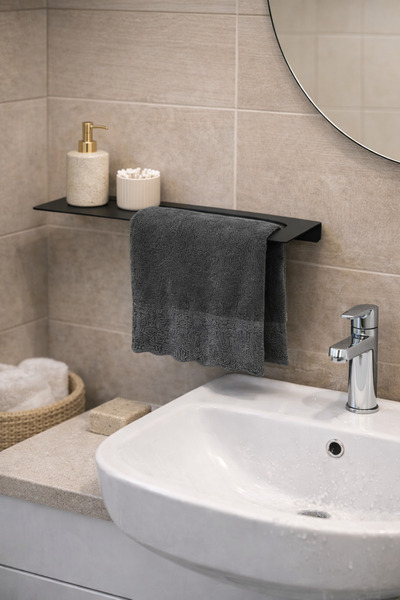 LUNOART Black Metal Towel Rack with Shelf – Modern Bathroom Towel Hanger