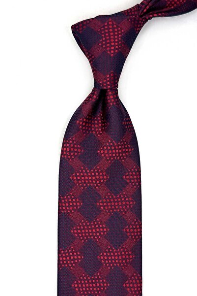 Kravatkolik Red - Navy Blue Motif Pattern Classic Tie with Handkerchief Kk13420