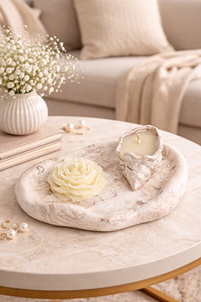 Mumperya Mermer Desenli Dekoratif Mum Tepsisi – Gül Mum & Deniz Kabuğu Mum Seti