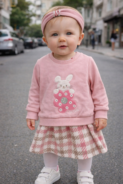 İNDİGO طقم فستان وسترة وردية اللون للفتيات الصغيرات مع باندانا 23157