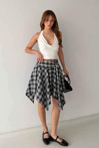 BEJNA Women's Plaid Patterned Asymmetrical Skirt with Tie Detail