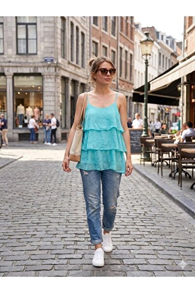 AYASOFYA OTANTIK Women's Italian Water Green Layered Strap Dress 100% İ Silk Luz