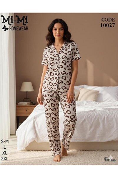 Mimi Homewear طقم بيجامة براون هارت منقوش إكرو