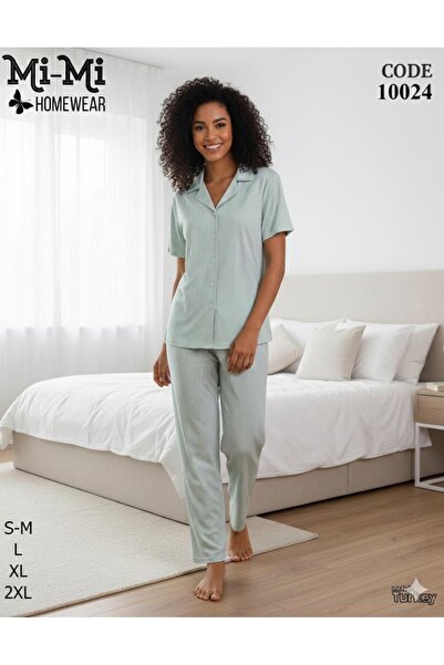 Mimi Homewear Bela prugasta zelena pidžama