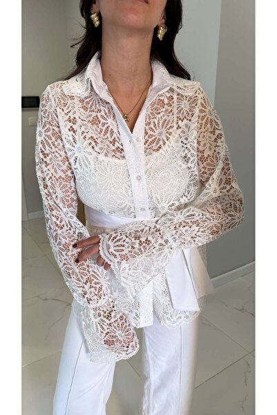 BİRCANÇİL Cămașă albă Lara cu curea și detalii din guipură