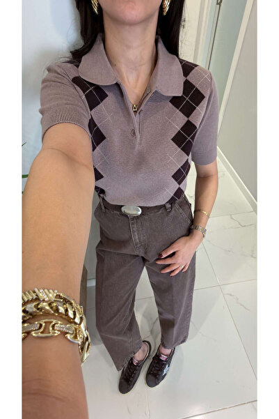 BİRCANÇİL Md Tiesra Mink Brown Polo Neck Diamond Patterned Short Sleeve Knitwear