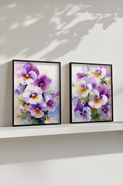 STARYUNA Set de pictură cu două tablouri cu flori mov-violet și ramă din lemn...