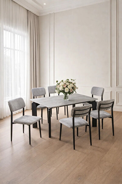 MARIA HOMES طقم طاولة طعام رمادية عصرية مع 6 كراسي، أبعادها 150 × 90 × 75 سم