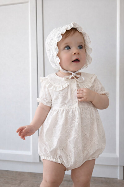 2kids2mom Baby Girl Long Sleeve Romper with Hat, Guipure Embroidered Snap Fas...