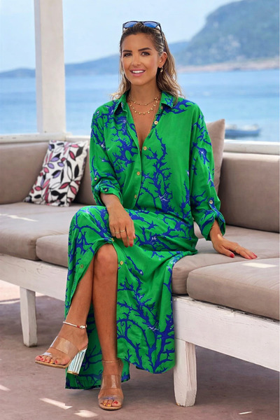 Nevin Kaya Moda Φόρεμα πουκάμισο από βισκόζη σε πράσινο χρώμα