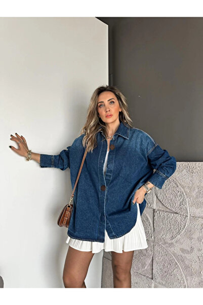 QİMYA BUTİK QİMENE Γυναικείο τζιν μπουφάν με χοντρά κουμπιά, πλενόμενο, μεσαί...