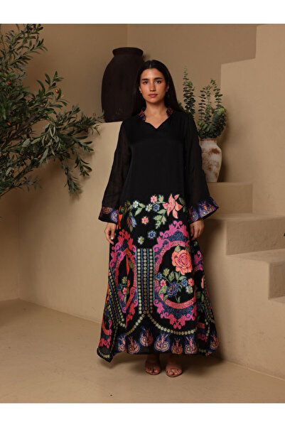 IKKXA Elegant V-Neck Printed Jalabiya