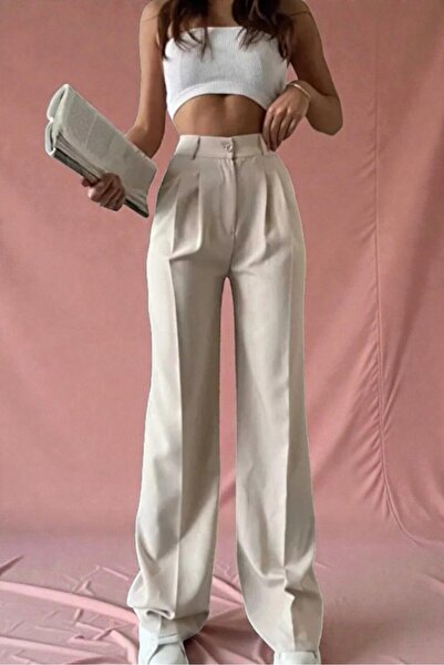 Livik Pantaloni din material textil pentru femei Bikko Krem cu pliuri talie î...