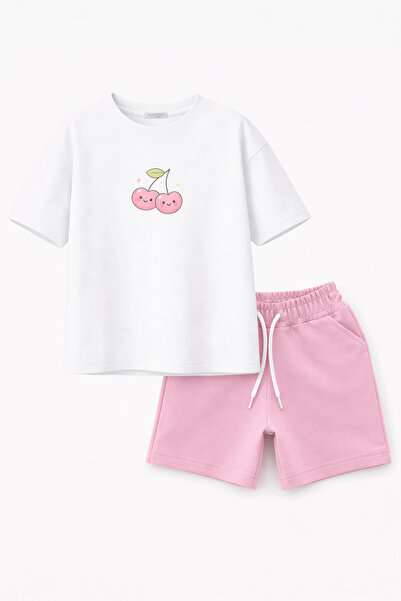 MARKOLL Kiraz Baskılı Kız Çocuk Şortlu Takım – Yazlık Pamuklu Tişört Şort Tak...