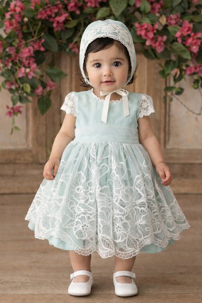 La reina petite فستان دانتيل - أخضر - فاخر للعيد والمناسبات مع قبعة