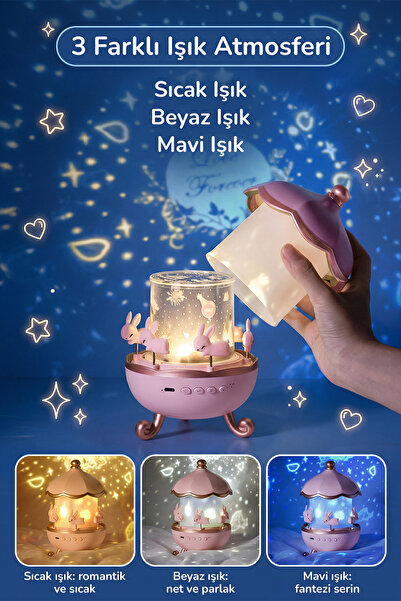 ALFAGİFT Döner Yıldız Projeksiyon Gece Lambası Bluetooth Hoparlörlü Çocuk Gece Işığı Projektör