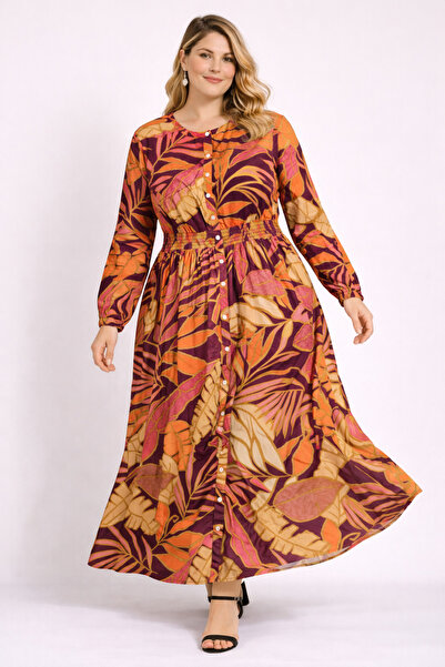 Şans Ženska haljina veće veličine, narandžasta, sa prednjim dugmadima, elasti...