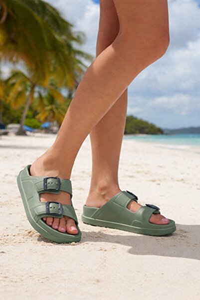 İncim Capri Buckled Khaki Daily Beach Pool Beach Slippers Women Slipper