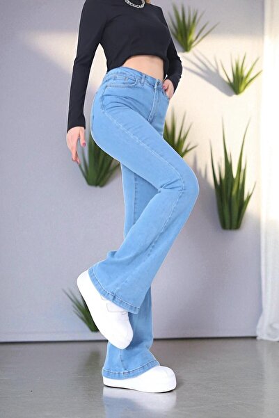 Livik Kooli Women's Light Blue Stretch Fabric High Waist Flared Jeans