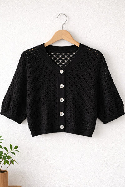 Retrobird Lou Retro Lace-Like Knit Short Cardigan Women Black