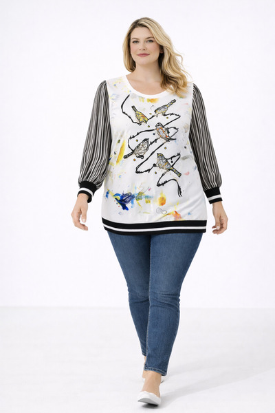 Şans Ženska bluza veće veličine, bela, sa printom i ukrasima od kamenja, šifo...