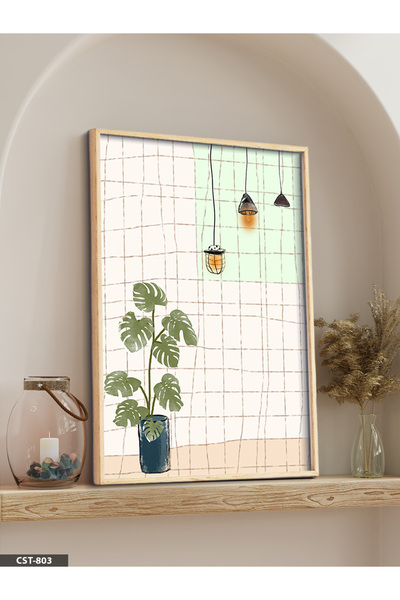Evinemoda Linear Plant and Lamps One-Piece Wooden Framed Painting