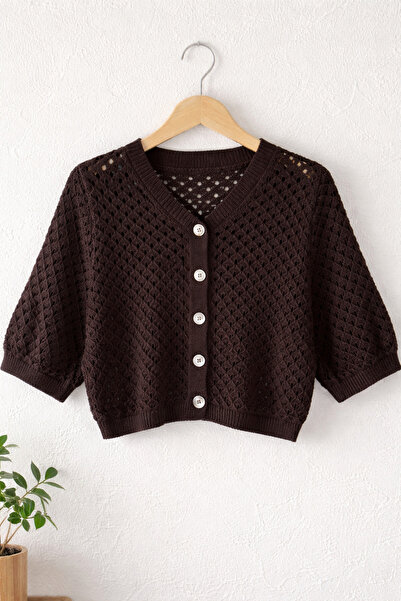 Retrobird Lou Retro Lace-Like Knit Short Cardigan Women Brown