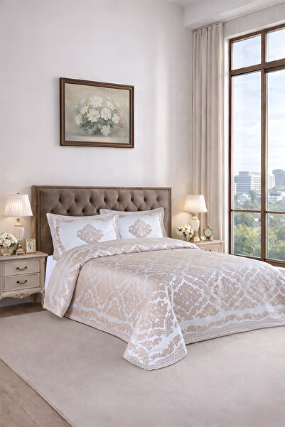 BİRHOME Vanetta Pano Jakarlı Çift Kişilik Modern Yatak Örtüsü Takımı 3 Parça 240x260cm