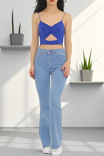 Livik Moony Women's Light Blue Stretch Fabric High Waist Flared Jeans