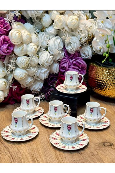 MİEN Elegant 90 ML Porselen Türk Kahvesi Fincanı Takımı 6 Kişilik – Desenli K...
