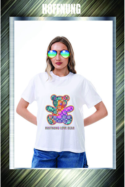 HOFFNUNG Unisex Short Sleeve Round Neck Lovr Bear Hoffning Printed Solid Colo...