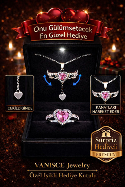 VANİSCE Işıklı Kutuda Melek Kanatlı Kalpli Kolye Ve Ciddi İlişki Yüzüğü Pembe...