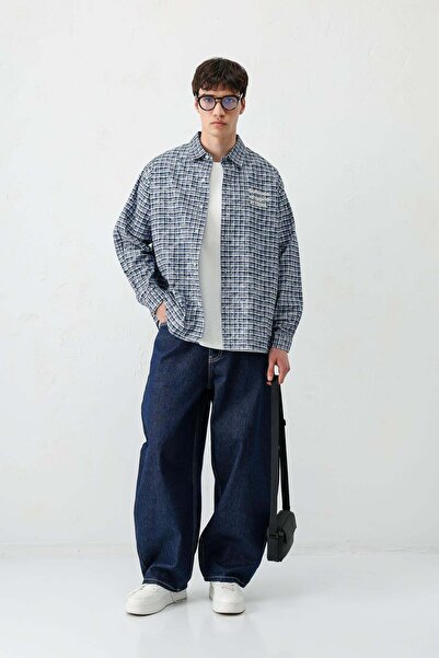 VAMOSCLO Long Sleeve Checked Shirt Navy Blue