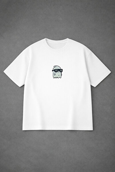 VODEXA Tricou oversize unisex cu imprimeu GHOST WITH GLASSES, 100% bumbac, cr...