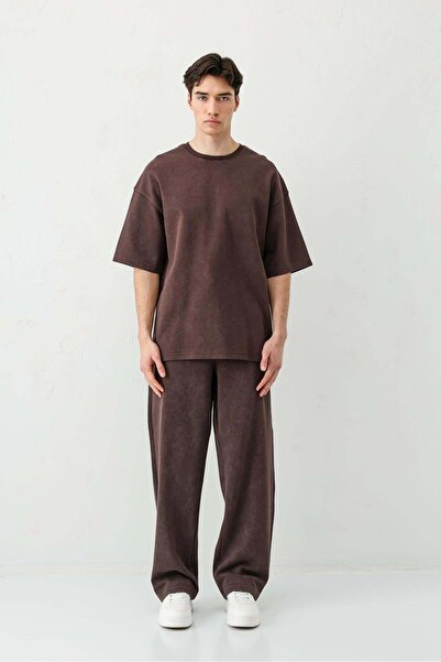 VAMOSCLO Baggy Fit Washed Sweatpants Brown