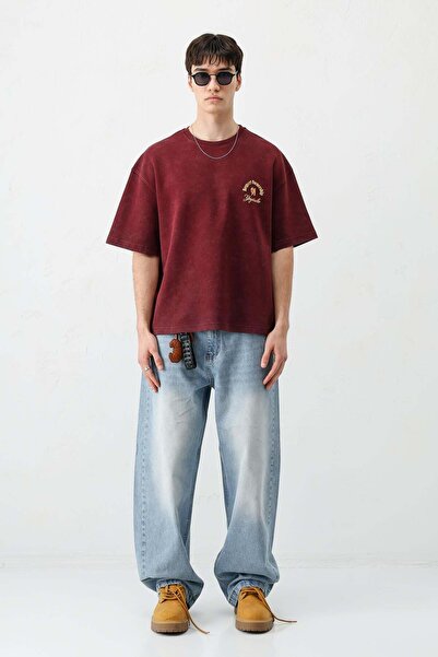 VAMOSCLO Kısa Kollu Boxy Fit Baskılı Tişört Bordo