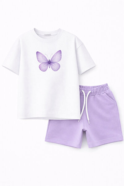 MARKOLL Kelebek Baskılı Kız Çocuk Şortlu Takım – Yazlık Pamuklu Tişört Şort T...