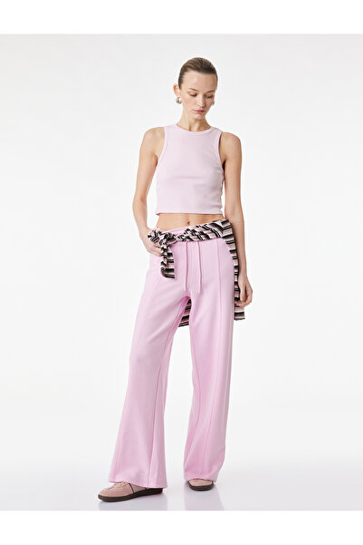 Koton Pink Elasticated Waistband Drawstring Three-Thread Ribbed Wide Leg Swea...