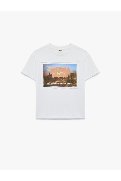 Koton White Cotton Crew Neck Short Sleeve Printed T-Shirt