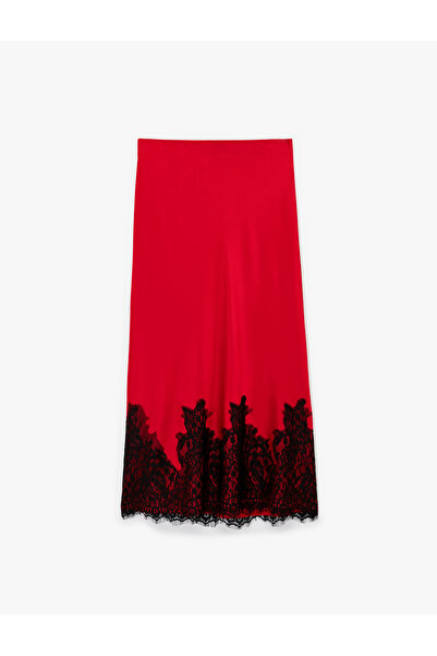 Koton Red Satin Midi Skirt With Lace Detail