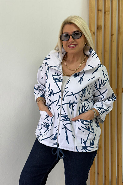 By Esra Celkan White Patterned Pocketed Durbakar Sleeve Zipper Jacket