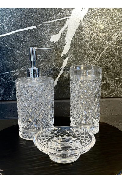 Kozak El Yapımı Cam Banyo Sabunluk Seti 3’ lü Takım | Sıvı Sabunluk, Diş Fırç...
