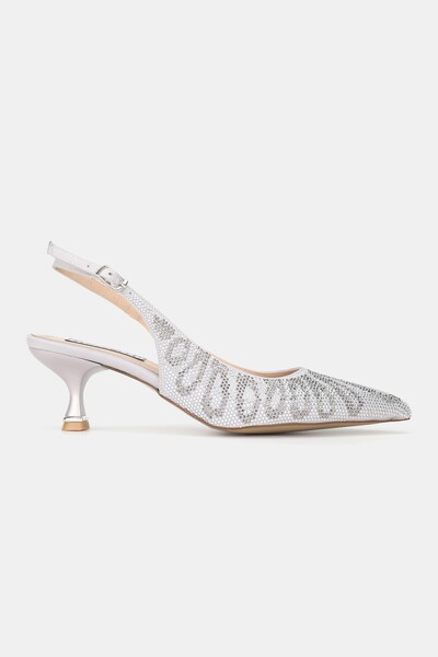 TUNAELLİ حذاء نسائي لاميه من الساتان ذو كعب قصير ومقدمة مدببة ومفتوح من الخلف