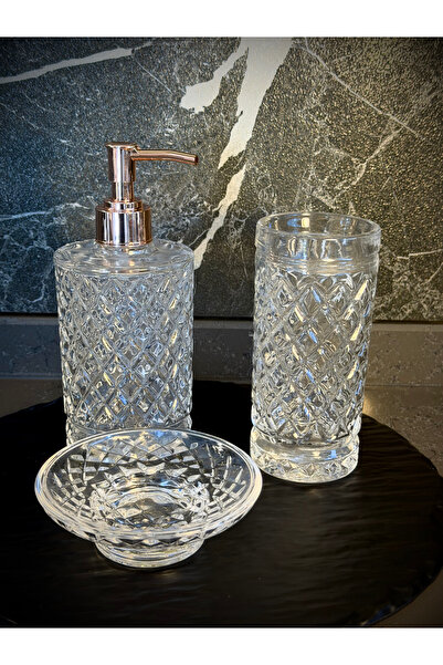 Kozak El Yapımı Cam Banyo Sabunluk Seti 3’ lü Takım | Sıvı Sabunluk, Diş Fırç...