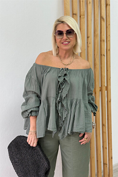 By Esra Celkan Khaki Lace Ruffled Front Lace-Up Voile Shirt