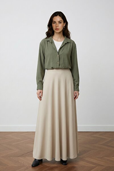 Lunfia Beli Lastikli Likralı Krep Kloş Etek - Bej